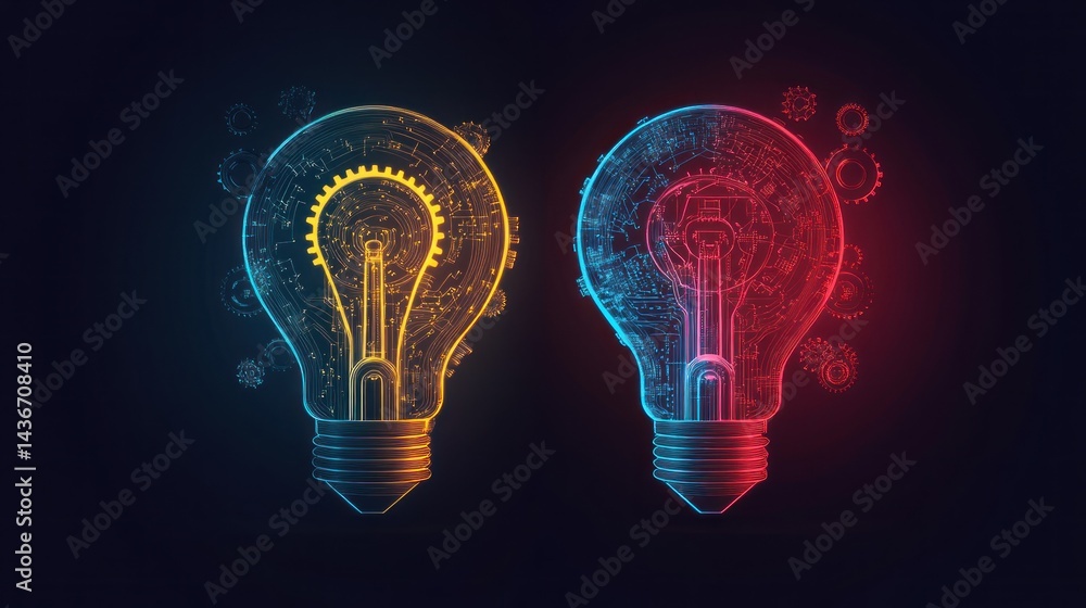 Glowing gears inside lightbulbs, innovation concept Glowing gears inside lightbulbs, innovation concept