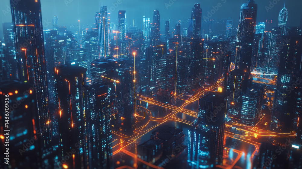 Night lights, a city of modern business and smart digital innovation with a network of interconnected rewards over the cityscape of the future smart wireless digital city and social media network that Night lights, a city of modern business and smart digital innovation with a network of interconnected rewards over the cityscape of the future smart wireless digital city and social media network that