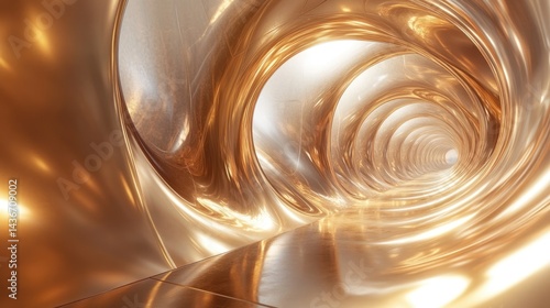 Fototapeta Naklejka Na Ścianę i Meble -  Abstract Gold Tunnel, Swirling Metallic Corridor, Luxury Interior Design, 3D Render