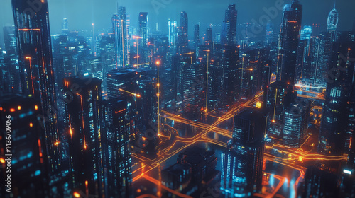 Wallpaper Mural Night lights, a city of modern business and smart digital innovation with a network of interconnected rewards over the cityscape of the future smart wireless digital city and social media network that Torontodigital.ca