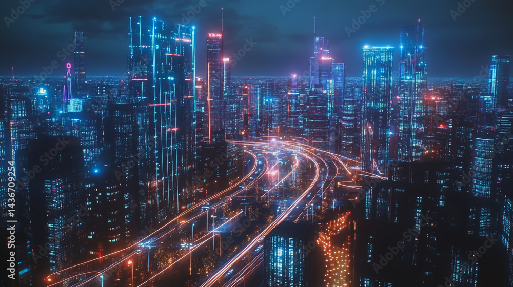 Night lights, a city of modern business and smart digital innovation with a network of interconnected rewards over the cityscape of the future smart wireless digital city and social media network that Night lights, a city of modern business and smart digital innovation with a network of interconnected rewards over the cityscape of the future smart wireless digital city and social media network that