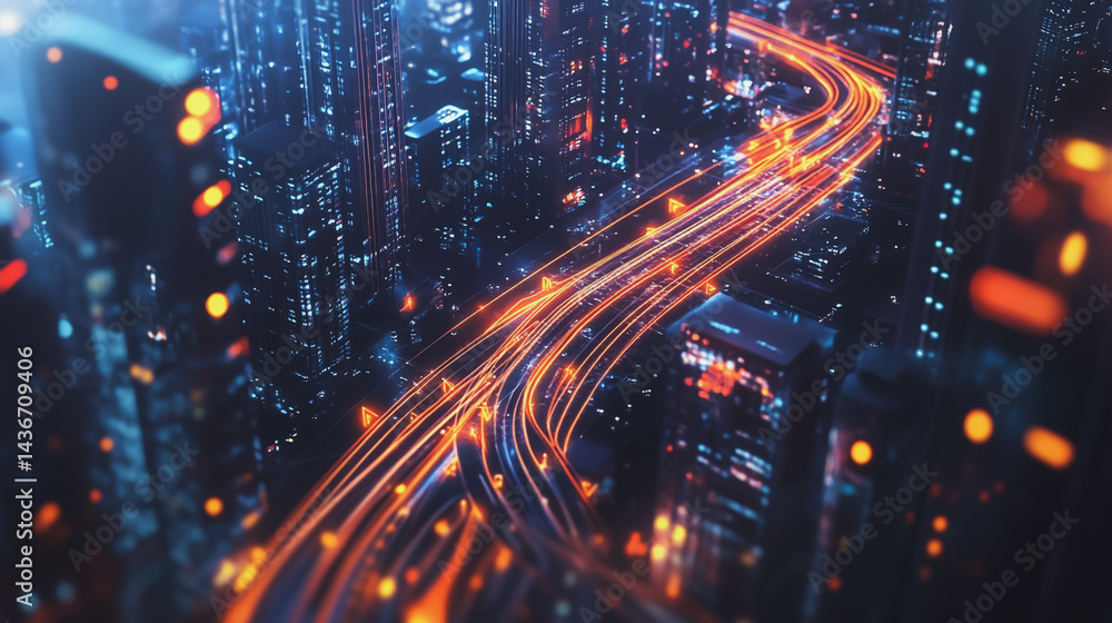 Naklejka premium Night lights, a city of modern business and smart digital innovation with a network of interconnected rewards over the cityscape of the future smart wireless digital city and social media network that