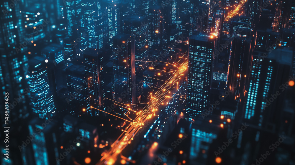 Night lights, a city of modern business and smart digital innovation with a network of interconnected rewards over the cityscape of the future smart wireless digital city and social media network that Night lights, a city of modern business and smart digital innovation with a network of interconnected rewards over the cityscape of the future smart wireless digital city and social media network that