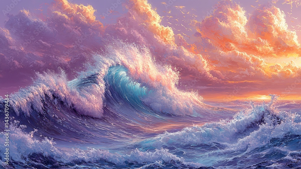Fototapeta premium Wraithlike Tide is an illustration of a gently arcing, swirling tide of pastel fuscia, banded with lilac, set against the backdrop of a dark and shadowy stage