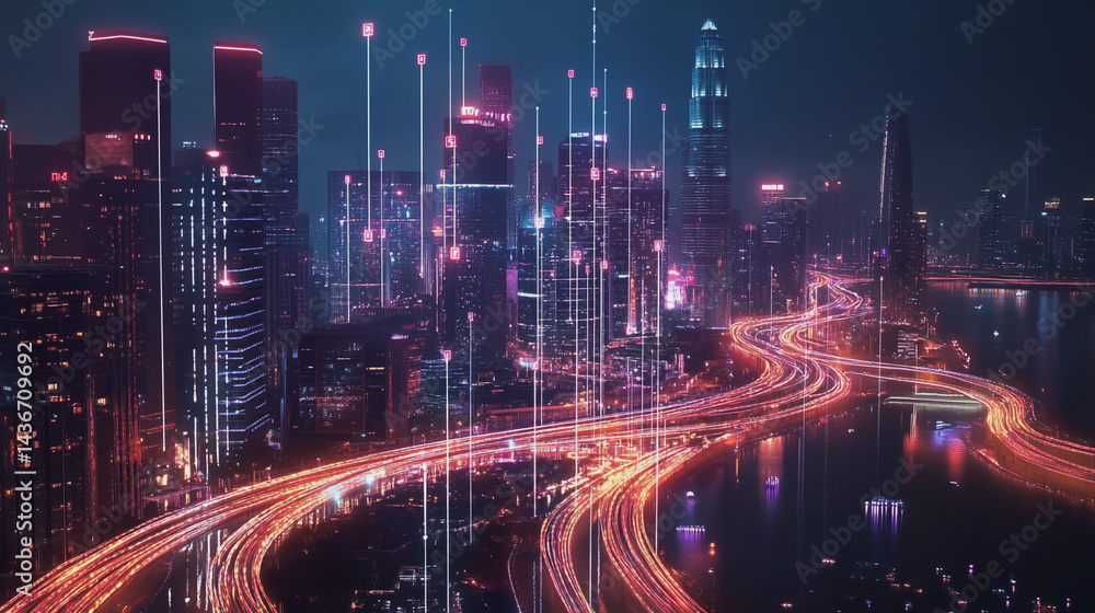 Fototapeta premium Night lights, a city of modern business and smart digital innovation with a network of interconnected rewards over the cityscape of the future smart wireless digital city and social media network that