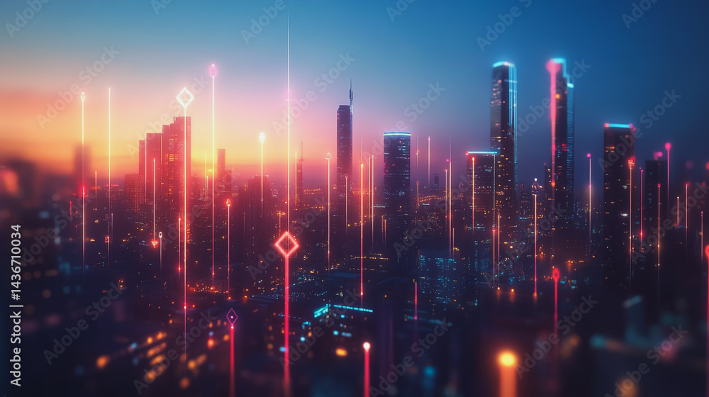 Fototapeta premium Night lights, a city of modern business and smart digital innovation with a network of interconnected rewards over the cityscape of the future smart wireless digital city and social media network that