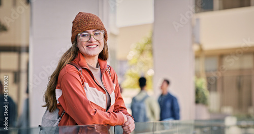 Billede på lærred Woman, college student and happy in balcony with pride for education, progress and study in England