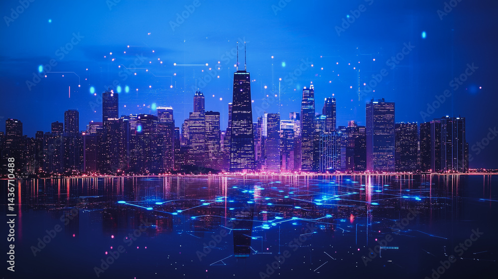 Obraz premium Night lights, a city of modern business and smart digital innovation with a network of interconnected rewards over the cityscape of the future smart wireless digital city and social media network that