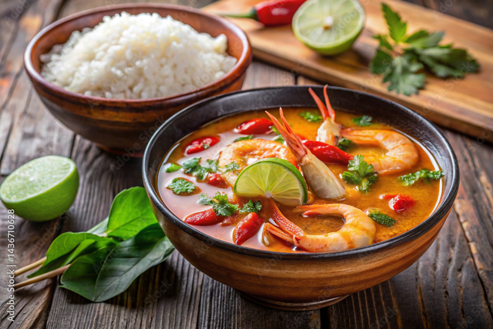 Steaming Bowl of Thai Tom Yum Soup with Prawns, Fresh Herbs, and Lime Served with Rice Steaming Bowl of Thai Tom Yum Soup with Prawns, Fresh Herbs, and Lime Served with Rice