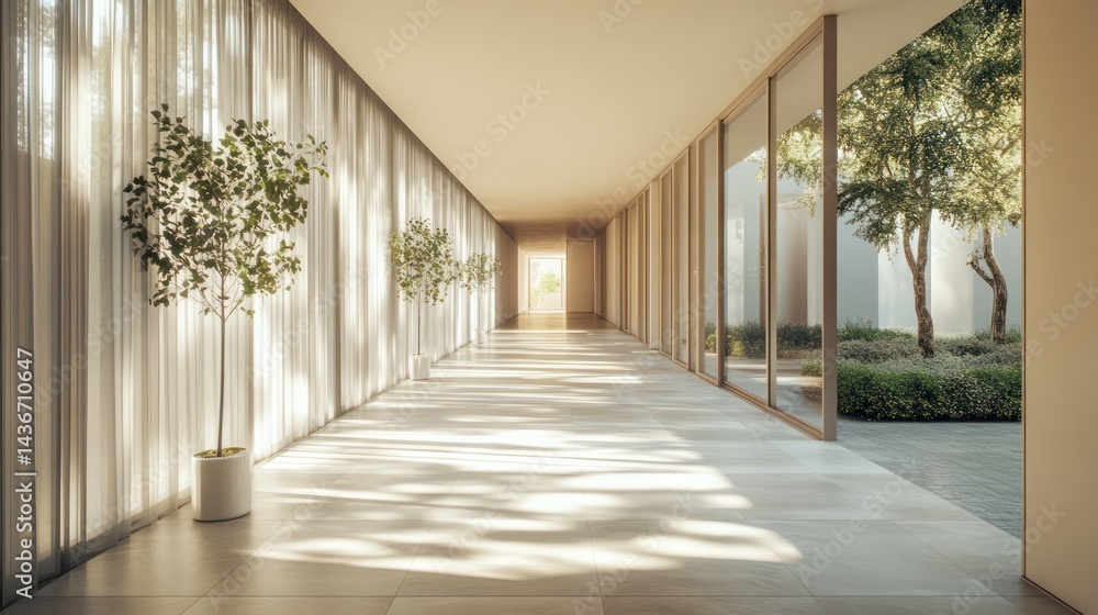 Sunlit corridor, plants, garden view, modern building, peaceful atmosphere, architectural design Sunlit corridor, plants, garden view, modern building, peaceful atmosphere, architectural design
