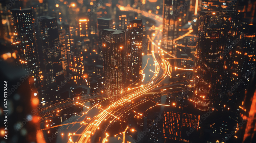 Fototapeta premium Night lights, a city of modern business and smart digital innovation with a network of interconnected rewards over the cityscape of the future smart wireless digital city and social media network that