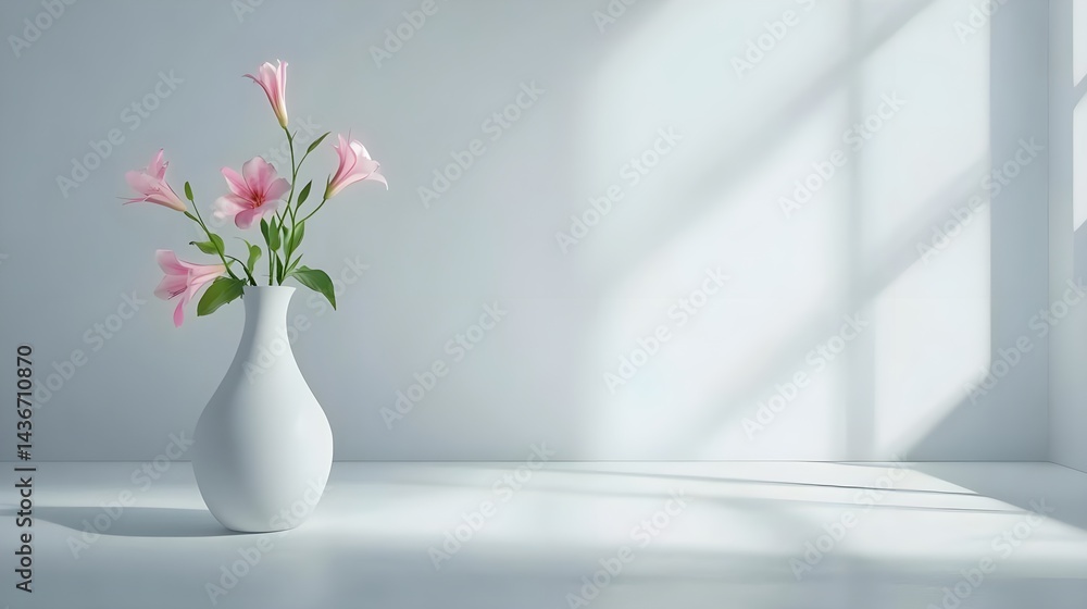 Elegant White Vase with Pink Flowers on Plain White Background Elegant White Vase with Pink Flowers on Plain White Background