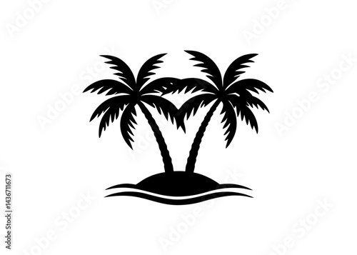 Tropical Paradise Silhouette: A serene tropical scene featuring two iconic palm trees gracefully sway on a secluded island against a bright sky, embodying the essence of a peaceful vacation.