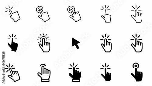 Collection of various hand cursor icons in black and white pointing and clicking on something created with generated ai