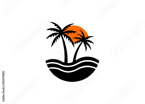 Tropical Island Paradise: A minimalist vector illustration captures the serene beauty of a tropical island, featuring palm trees silhouetted against a warm setting sun above rolling ocean waves.