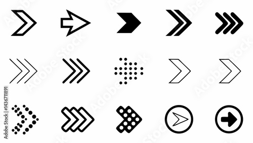 Collection of fifteen different styles of arrows pointing to the right in black and white design created with generated ai