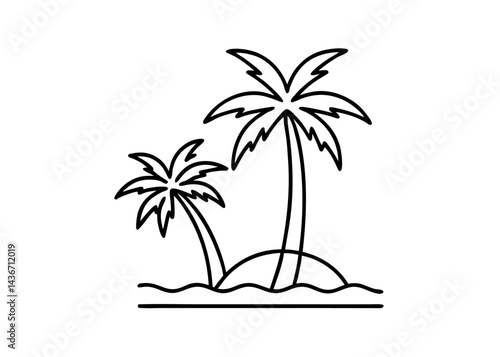 Tropical Island Paradise: A minimalist outline presents a serene island scene, depicting two lush palm trees swaying gently over a small, inviting island, creating a sense of tropical escapism.