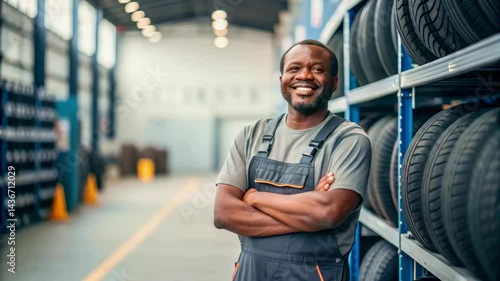 Skilled technician showcases expertise amid organized tire inventory in a bustling workshop atmosphere