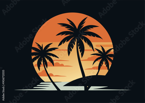Island Paradise:  A tranquil beach scene with silhouette palm trees against a vibrant sunset sky, conjuring a sense of serenity and escape.