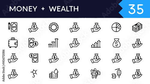 Collection of money and wealth icons featuring bags of money, charts, and hands holding money bags created with generated ai