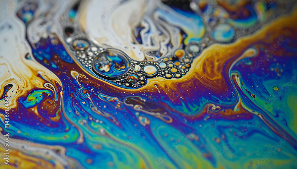 Mesmerizing abstract macro of iridescent soap film with vibrant blue, gold, and purple hues. Evokes fluidity, dreams, and science. Perfect for backgrounds and textures.