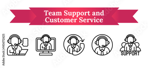Team support and customer service vector icon sheet collection line