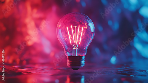 Glowing light bulb with colorful pink and blue gradient background.