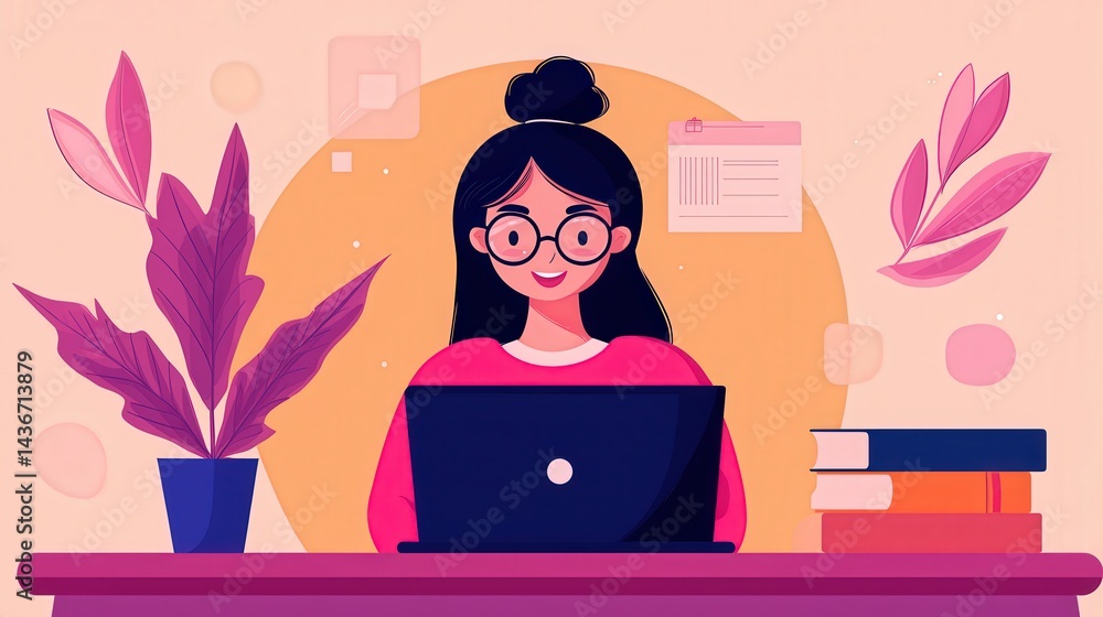 A cheerful illustration of a young woman with glasses working on a laptop, surrounded by plants and books in a colorful, modern workspace.