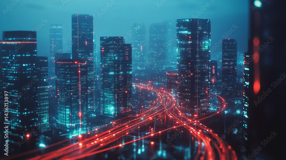 Fototapeta premium Night lights, a city of modern business and smart digital innovation with a network of interconnected rewards over the cityscape of the future smart wireless digital city and social media network that
