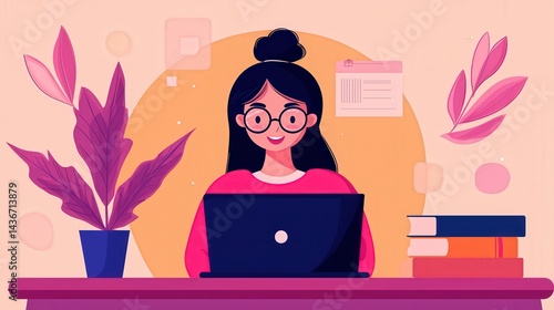 Obraz na płótnie A cheerful illustration of a young woman with glasses working on a laptop, surrounded by plants and books in a colorful, modern workspace. w salonie