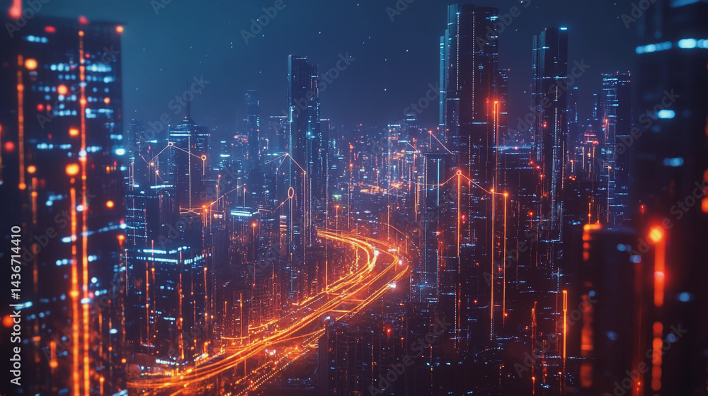 Night lights, a city of modern business and smart digital innovation with a network of interconnected rewards over the cityscape of the future smart wireless digital city and social media network that Night lights, a city of modern business and smart digital innovation with a network of interconnected rewards over the cityscape of the future smart wireless digital city and social media network that