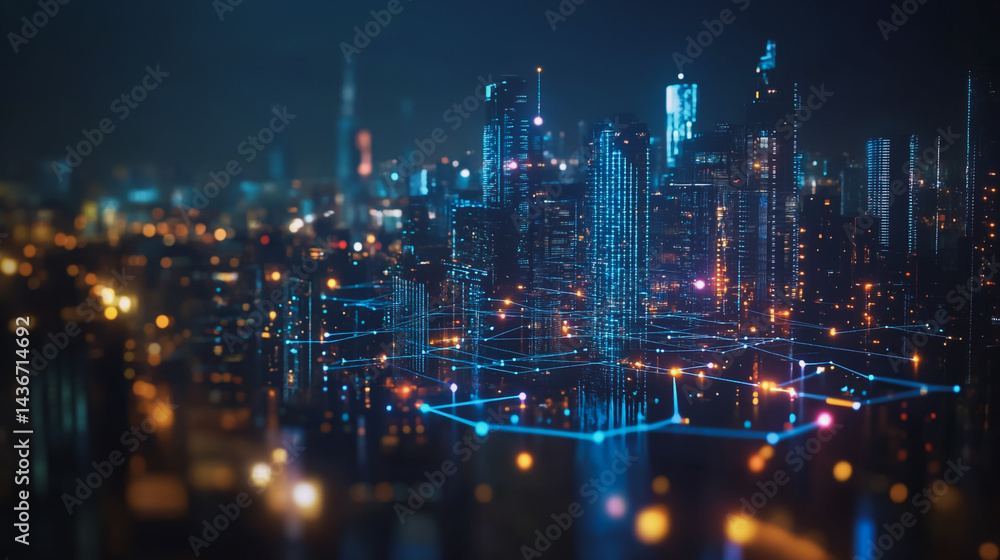 Fototapeta premium Night lights, a city of modern business and smart digital innovation with a network of interconnected rewards over the cityscape of the future smart wireless digital city and social media network that