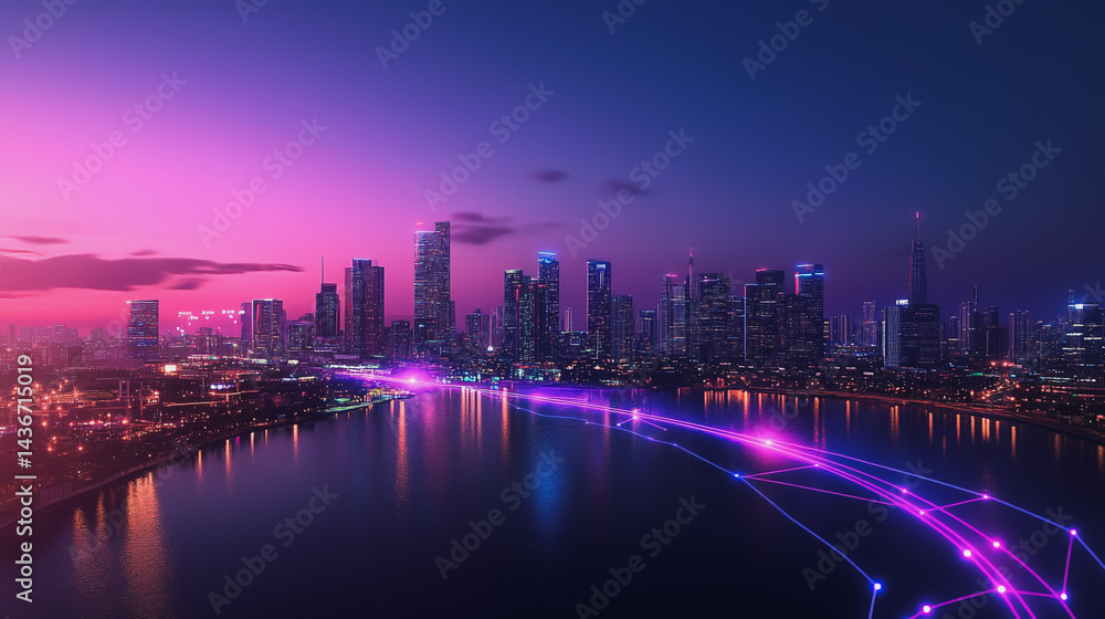 Fototapeta premium Night lights, a city of modern business and smart digital innovation with a network of interconnected rewards over the cityscape of the future smart wireless digital city and social media network that