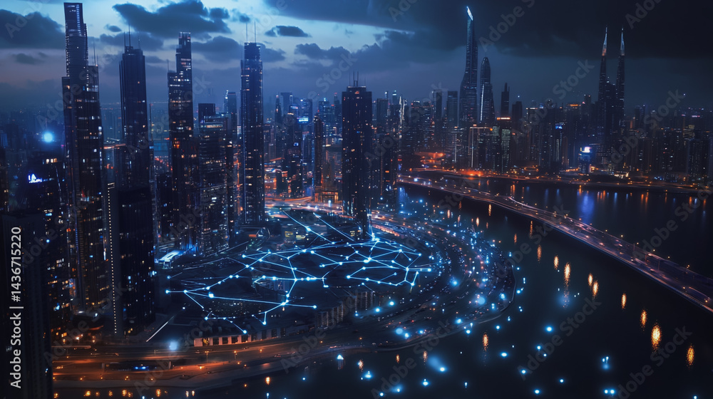 custom made wallpaper toronto digitalNight lights, a city of modern business and smart digital innovation with a network of interconnected rewards over the cityscape of the future smart wireless digital city and social media network that