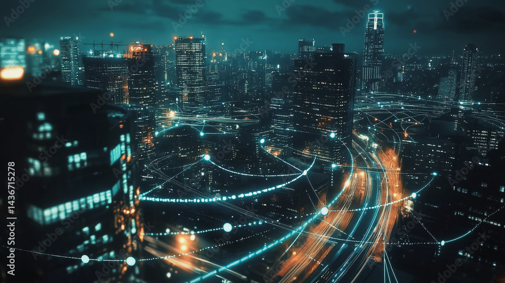Night lights, a city of modern business and smart digital innovation with a network of interconnected rewards over the cityscape of the future smart wireless digital city and social media network that Night lights, a city of modern business and smart digital innovation with a network of interconnected rewards over the cityscape of the future smart wireless digital city and social media network that