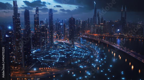 Wallpaper Mural Night lights, a city of modern business and smart digital innovation with a network of interconnected rewards over the cityscape of the future smart wireless digital city and social media network that Torontodigital.ca