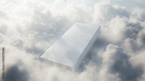 Fototapeta Naklejka Na Ścianę i Meble -  A blank book floating among shimmering silver clouds and mist in a dreamlike scene