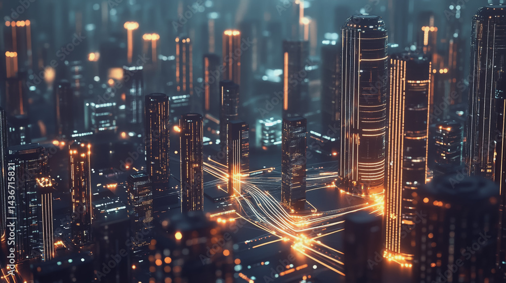Night lights, a city of modern business and smart digital innovation with a network of interconnected rewards over the cityscape of the future smart wireless digital city and social media network that Night lights, a city of modern business and smart digital innovation with a network of interconnected rewards over the cityscape of the future smart wireless digital city and social media network that