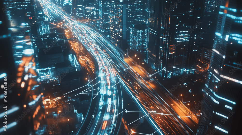 Naklejka premium Night lights, a city of modern business and smart digital innovation with a network of interconnected rewards over the cityscape of the future smart wireless digital city and social media network that