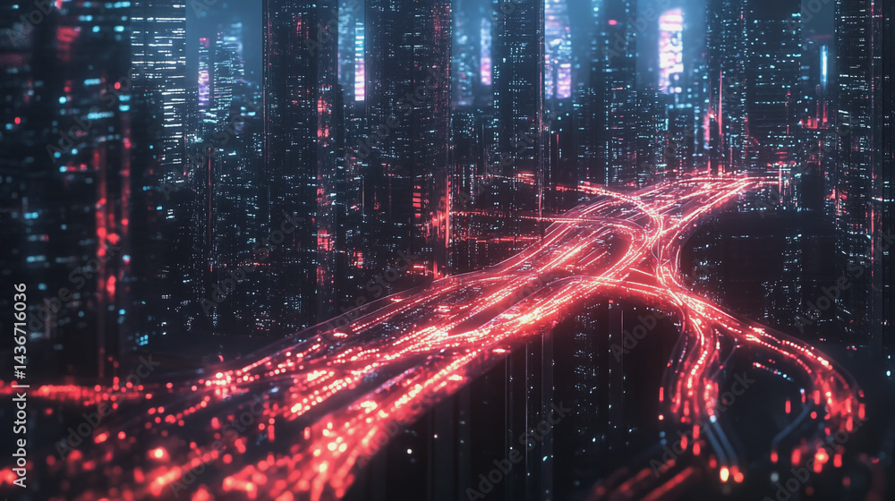 Obraz premium Night lights, a city of modern business and smart digital innovation with a network of interconnected rewards over the cityscape of the future smart wireless digital city and social media network that