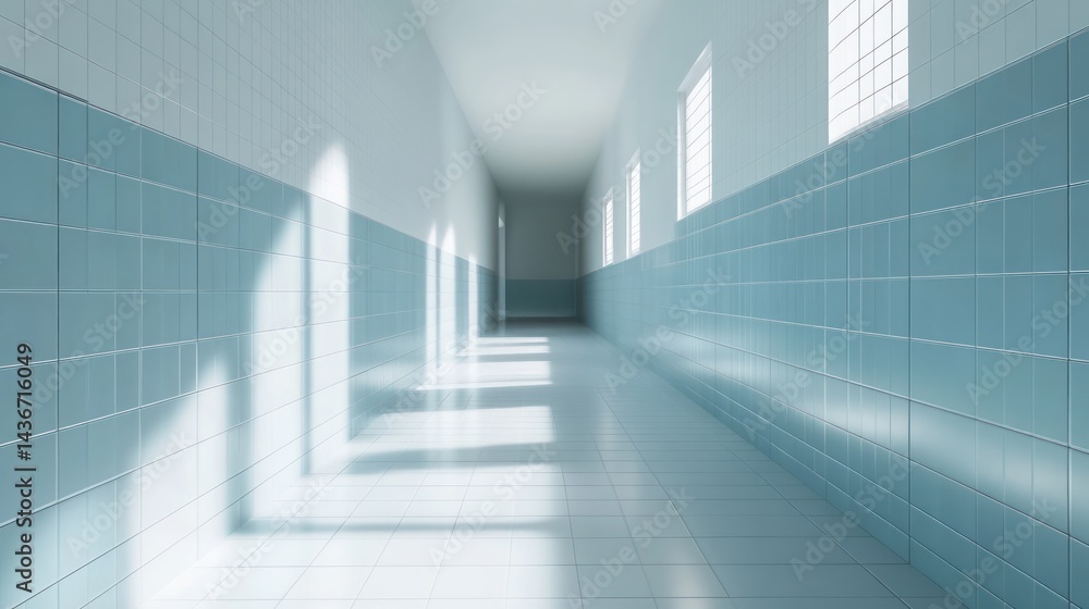 Sunlit tiled corridor, light through windows, clean interior, hospital hallway, medical setting Sunlit tiled corridor, light through windows, clean interior, hospital hallway, medical setting