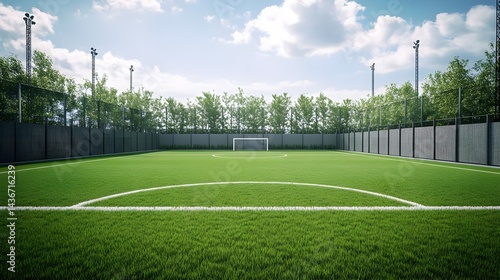 Vibrant Grass Soccer Field Under Clear Sky with Lush Surroundings