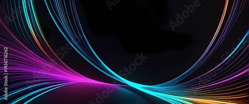 Dynamic digital abstract with fluid neon curves and data streams moving smoothly on black tech inspired background