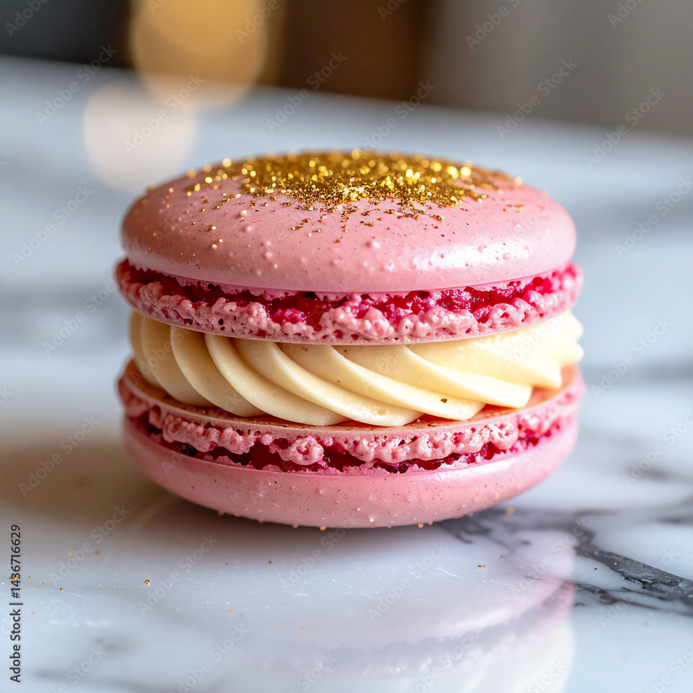 Macro shot of a raspberry macaron with gold dust and buttercream filling, placed on a marble. counter Macro shot of a raspberry macaron with gold dust and buttercream filling, placed on a marble. counter