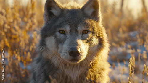 Focused view of a dire wolf illuminated by golden sunlight in a forest