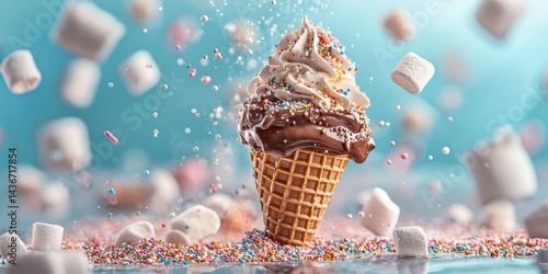 National ice cream day with chocolate sweet idea. Delicious chocolate soft serve ice cream cone topped with whipped cream, sprinkles and marshmallows splashing.