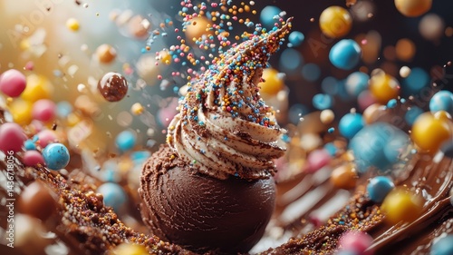 National ice cream day with chocolate sweet idea. Swirling chocolate ice cream with colorful sprinkles in motion.
