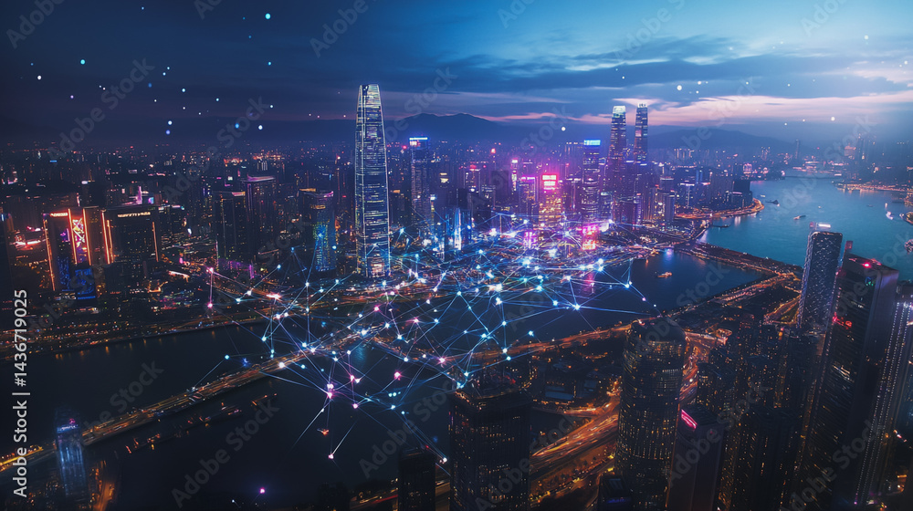 Fototapeta premium Night lights, a city of modern business and smart digital innovation with a network of interconnected rewards over the cityscape of the future smart wireless digital city and social media network that