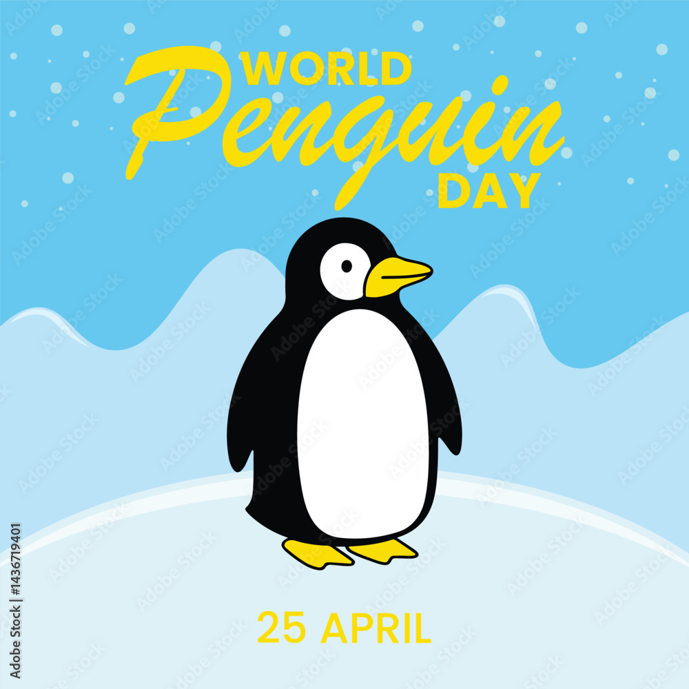 Obraz premium Cute little penguin. Vector flat cartoon illustration isolated on white. Banner, postcard. Penguin awareness day. World Penguin Day, Inscription, signed picture. Character, Antarctic animal, Polar.