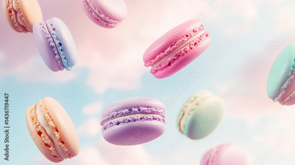 Charming pastel macarons drifting in a whimsical sky with a soft focus aesthetic Charming pastel macarons drifting in a whimsical sky with a soft focus aesthetic